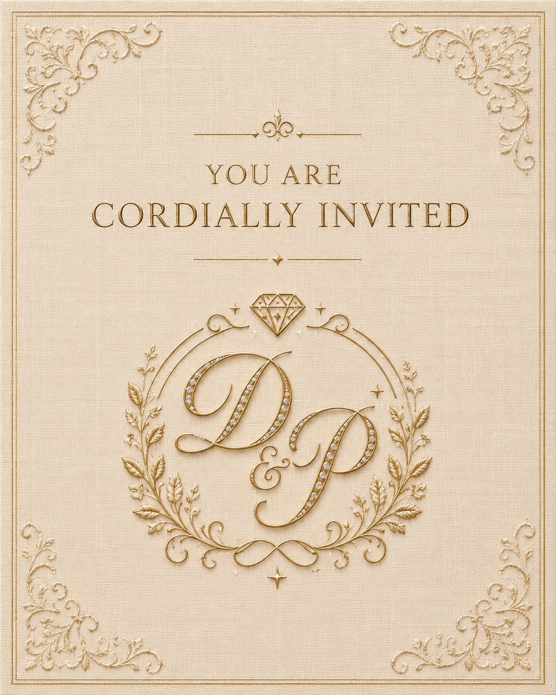 You are cordially invited — D & P monogram on embossed cream and gold